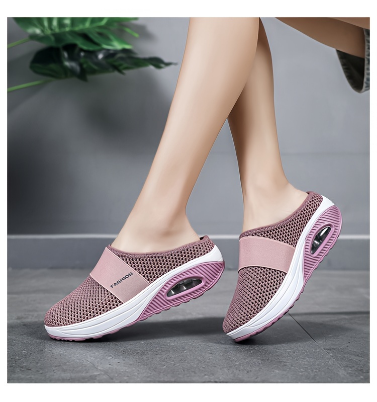 womens solid color mesh sneakers slip on soft sole platform home casual shoes breathable half drag slides shoes details 0