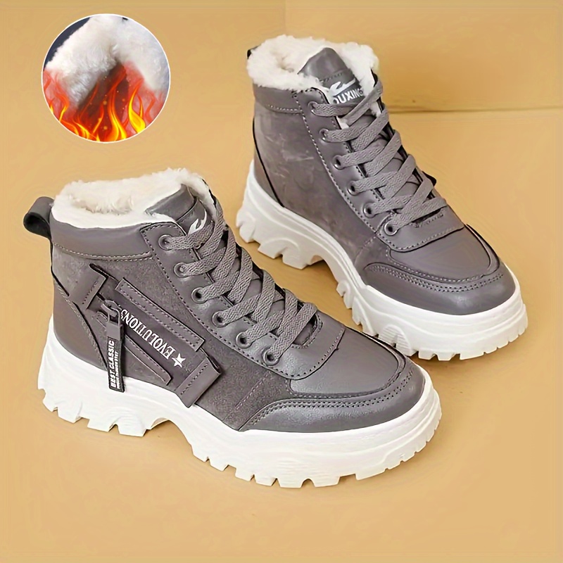 womens thermal lined casual sneakers lace up soft sole platform plush warm shoes non slip snow high top shoes details 0