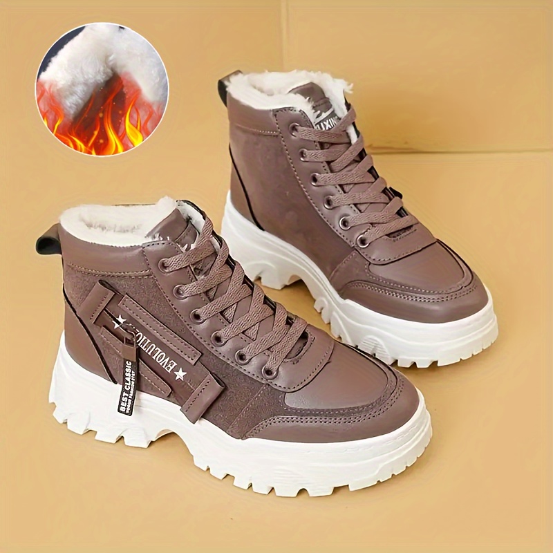 womens thermal lined casual sneakers lace up soft sole platform plush warm shoes non slip snow high top shoes details 2