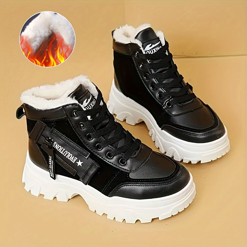 womens thermal lined casual sneakers lace up soft sole platform plush warm shoes non slip snow high top shoes details 3