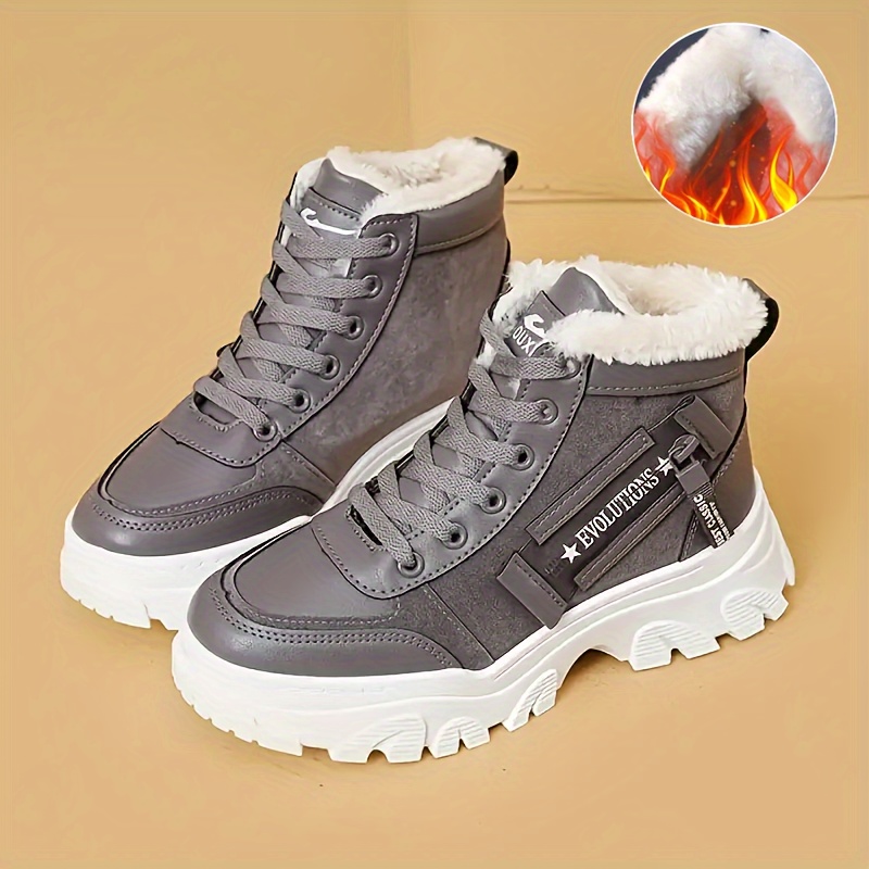 womens thermal lined casual sneakers lace up soft sole platform plush warm shoes non slip snow high top shoes details 5