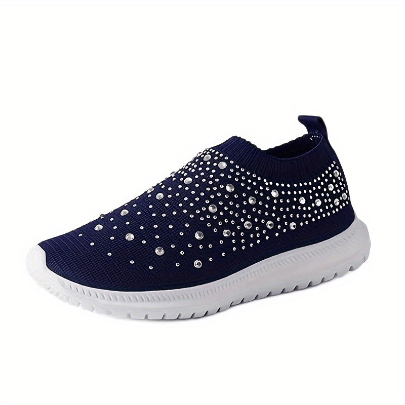 womens rhinestone decor sock sneakers comfort knitted slip on low top trainers casual gym walking shoes details 0