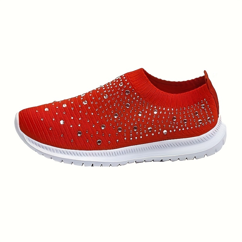 womens rhinestone decor sock sneakers comfort knitted slip on low top trainers casual gym walking shoes details 1