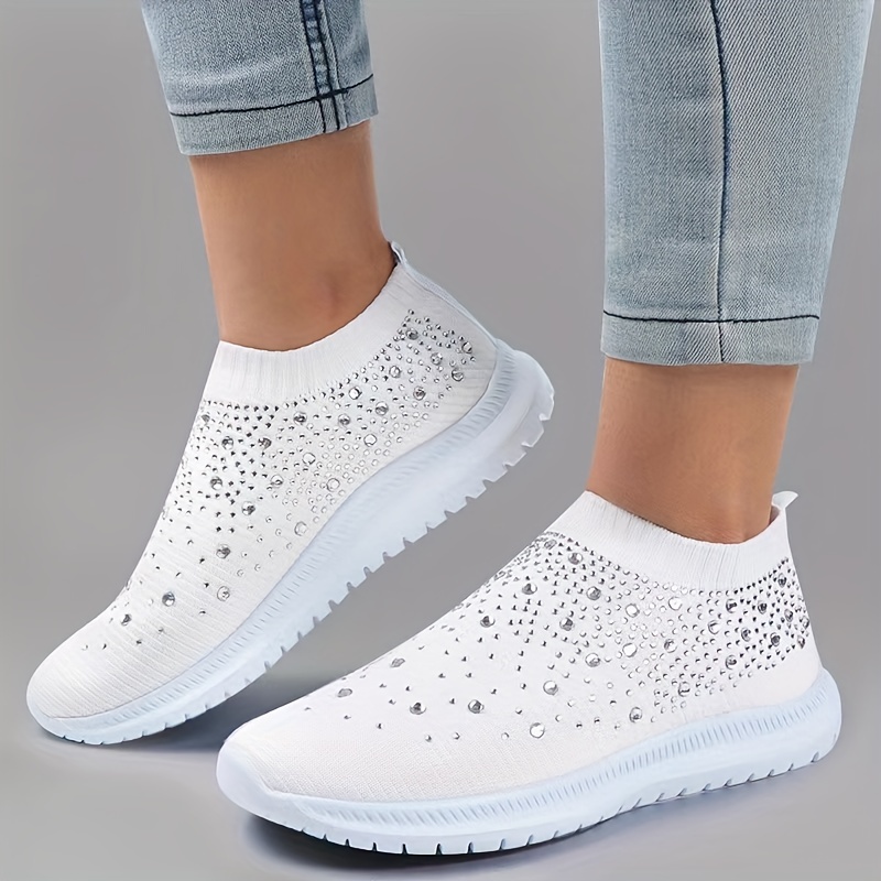 womens rhinestone decor sock sneakers comfort knitted slip on low top trainers casual gym walking shoes details 4