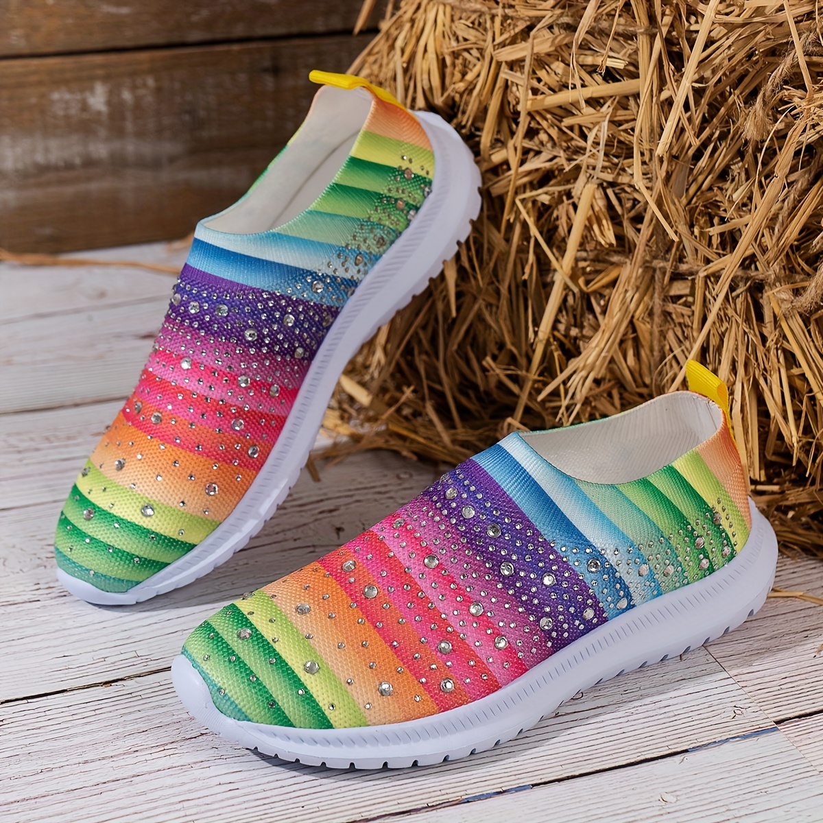 womens rhinestone decor sock sneakers comfort knitted slip on low top trainers casual gym walking shoes details 5