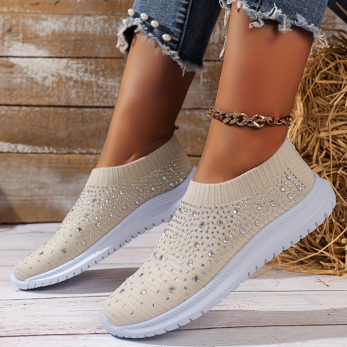 womens rhinestone decor sock sneakers comfort knitted slip on low top trainers casual gym walking shoes details 6