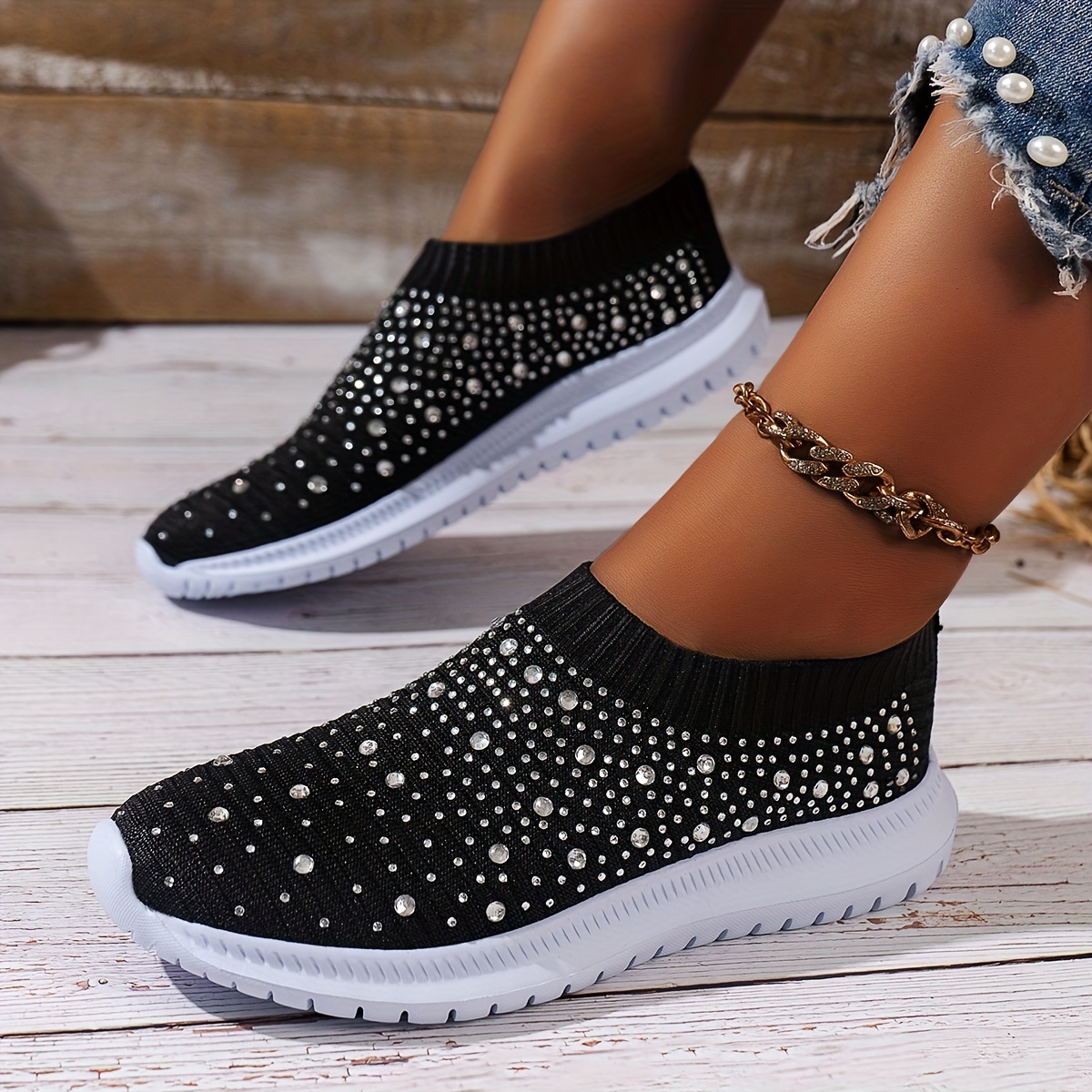 womens rhinestone decor sock sneakers comfort knitted slip on low top trainers casual gym walking shoes details 7