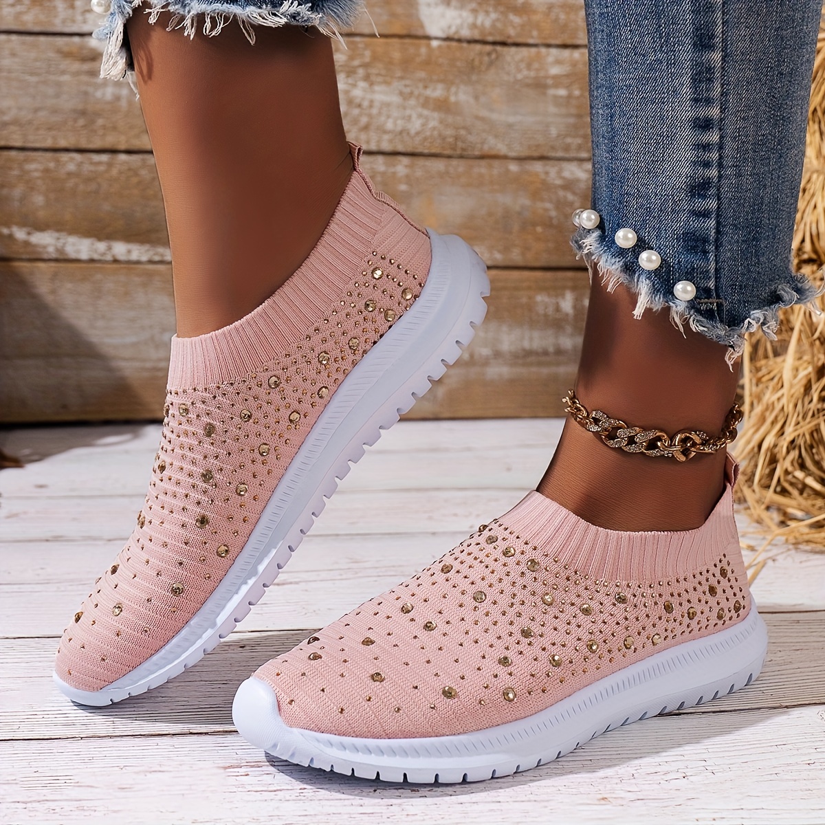 womens rhinestone decor sock sneakers comfort knitted slip on low top trainers casual gym walking shoes details 9