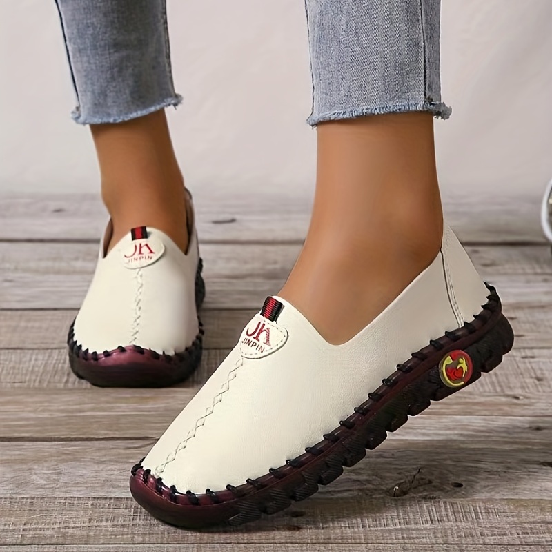 womens fashion handmade flat shoes casual faux leather solid color low top slip on loafers comfortable outdoor walking shoes details 1