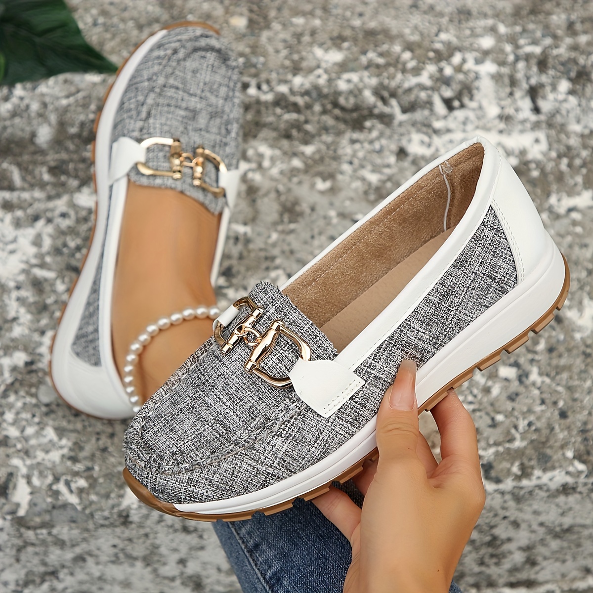 womens metallic chain decor shoes casual low top slip on flat shoes all match walking shoes details 9