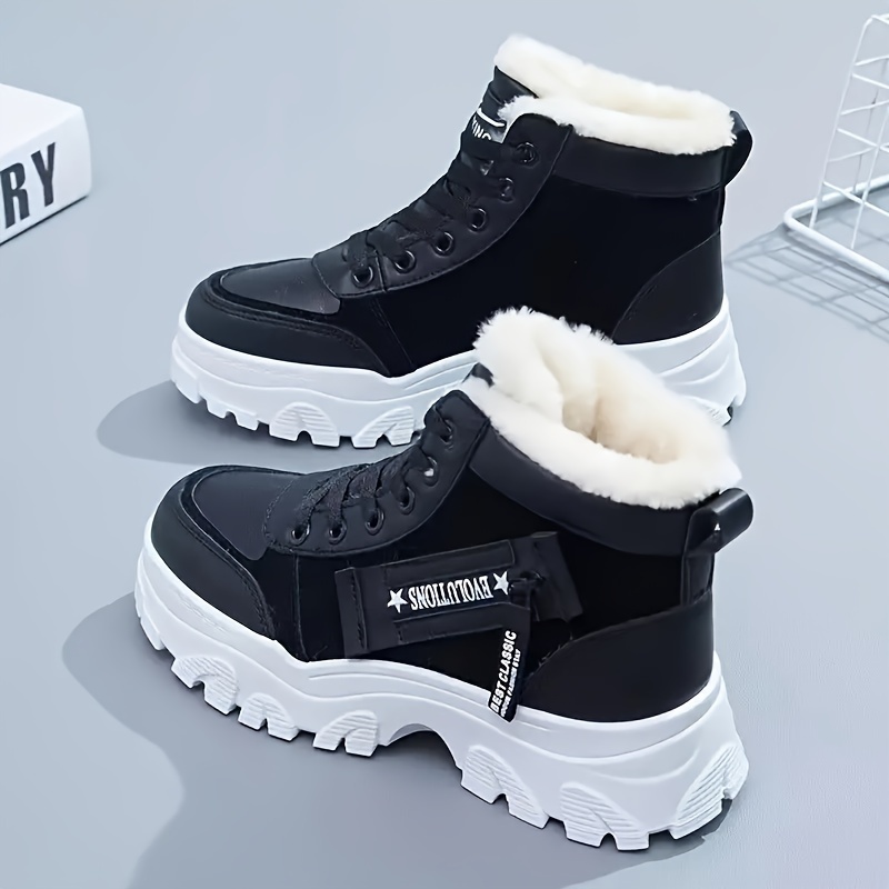 womens solid color fuzzy sneakers lace up soft sole platform warm lined shoes winter high top plush shoes details 0