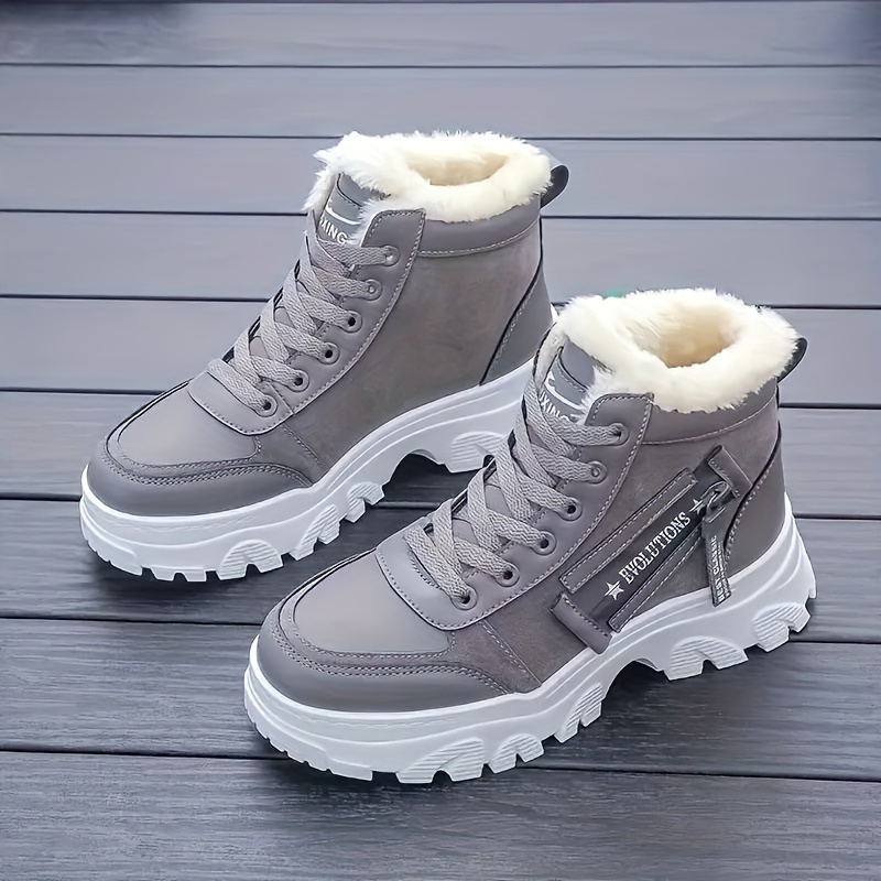 womens solid color fuzzy sneakers lace up soft sole platform warm lined shoes winter high top plush shoes details 1