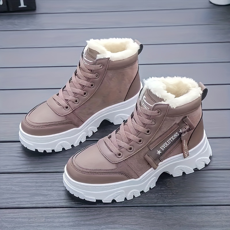 womens solid color fuzzy sneakers lace up soft sole platform warm lined shoes winter high top plush shoes details 2