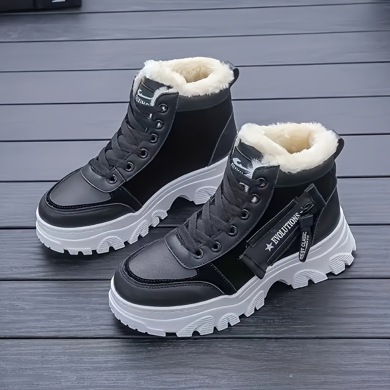 womens solid color fuzzy sneakers lace up soft sole platform warm lined shoes winter high top plush shoes details 3