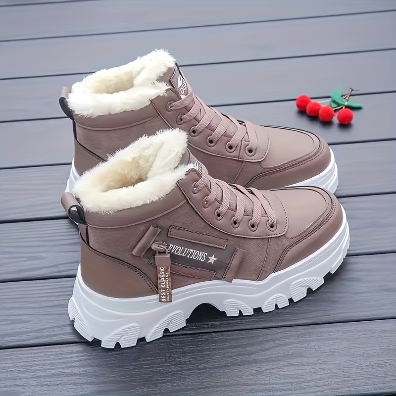 womens solid color fuzzy sneakers lace up soft sole platform warm lined shoes winter high top plush shoes details 4