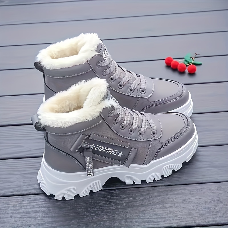 womens solid color fuzzy sneakers lace up soft sole platform warm lined shoes winter high top plush shoes details 5