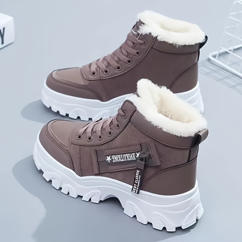 womens solid color fuzzy sneakers lace up soft sole platform warm lined shoes winter high top plush shoes details 6