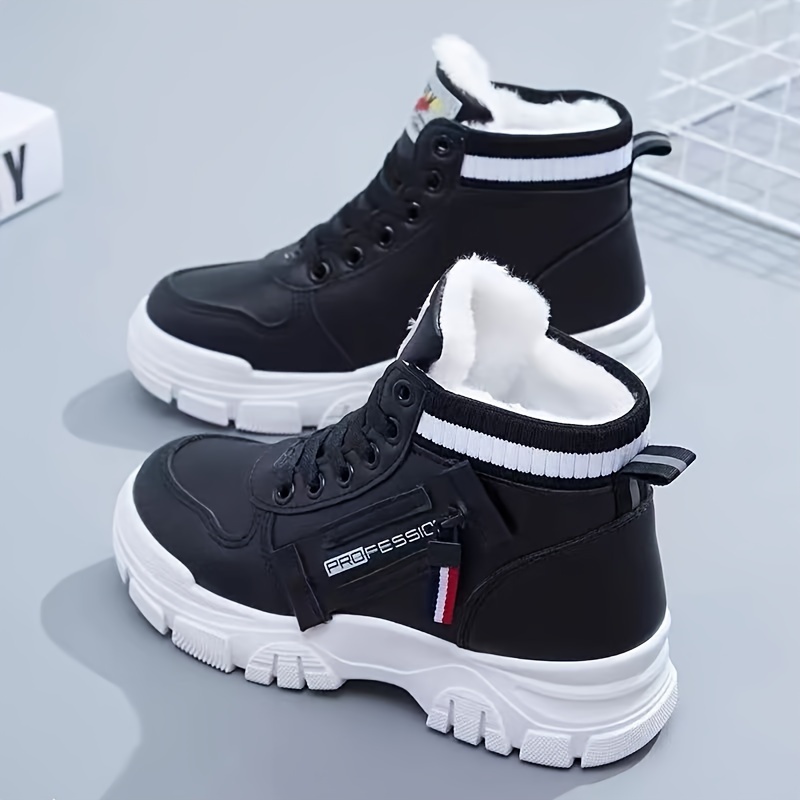 womens high top sneakers fashion plush lined lace up platform shoes winter warm outdoor ankle boots details 6