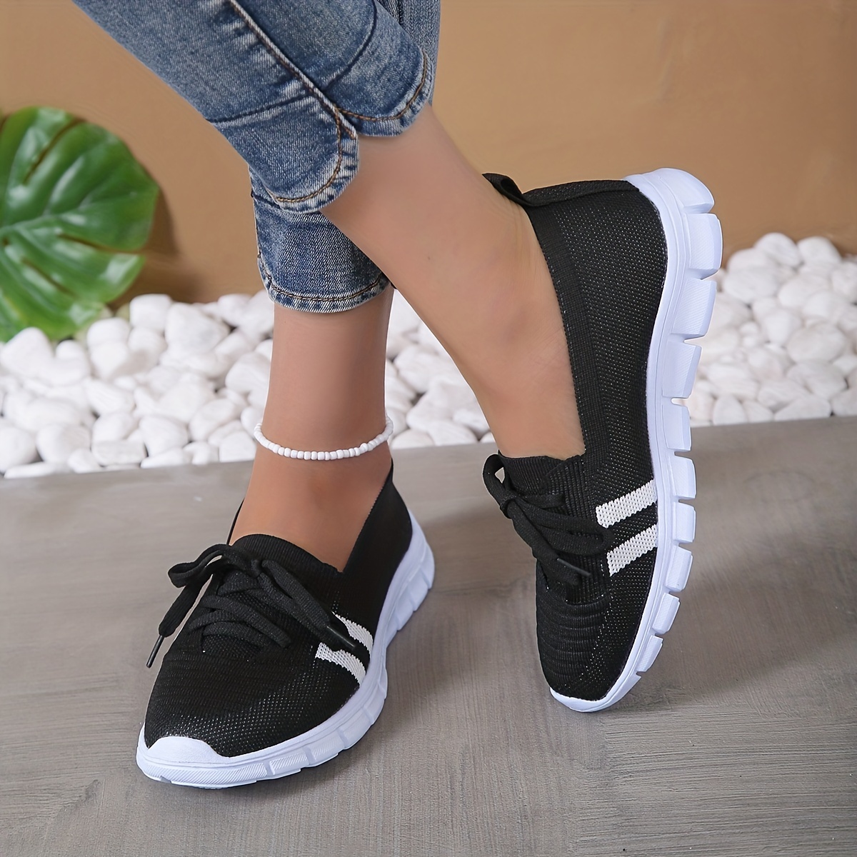 womens striped pattern sneakers casual lace up outdoor shoes lightweight breathable flying woven shoes details 3