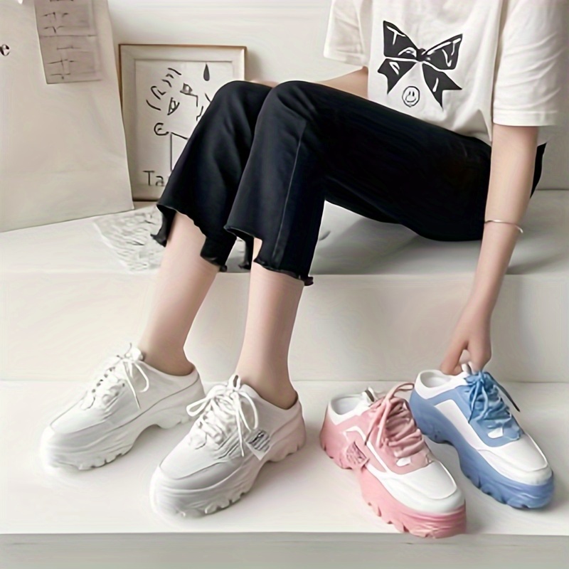 womens solid color casual sneakers slip on round toe half drag slides shoes platform comfy trendy lace up shoes details 0