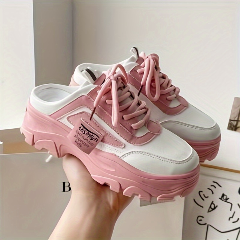 womens solid color casual sneakers slip on round toe half drag slides shoes platform comfy trendy lace up shoes details 1