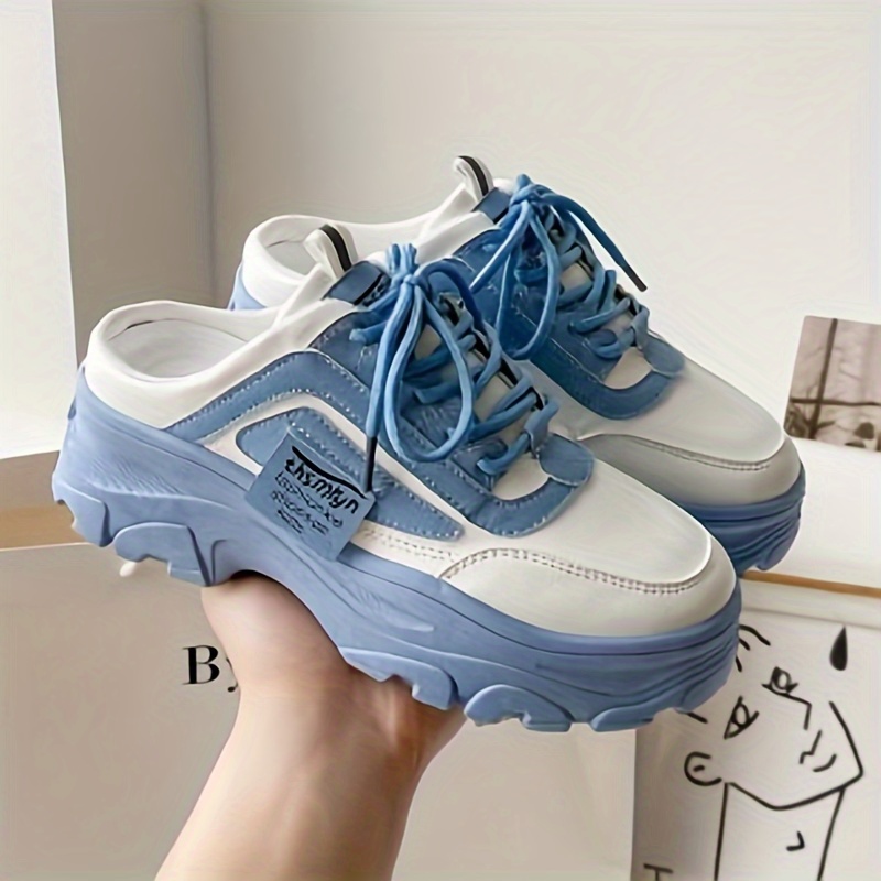 womens solid color casual sneakers slip on round toe half drag slides shoes platform comfy trendy lace up shoes details 2