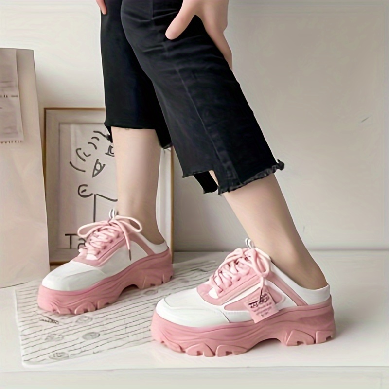 womens solid color casual sneakers slip on round toe half drag slides shoes platform comfy trendy lace up shoes details 4