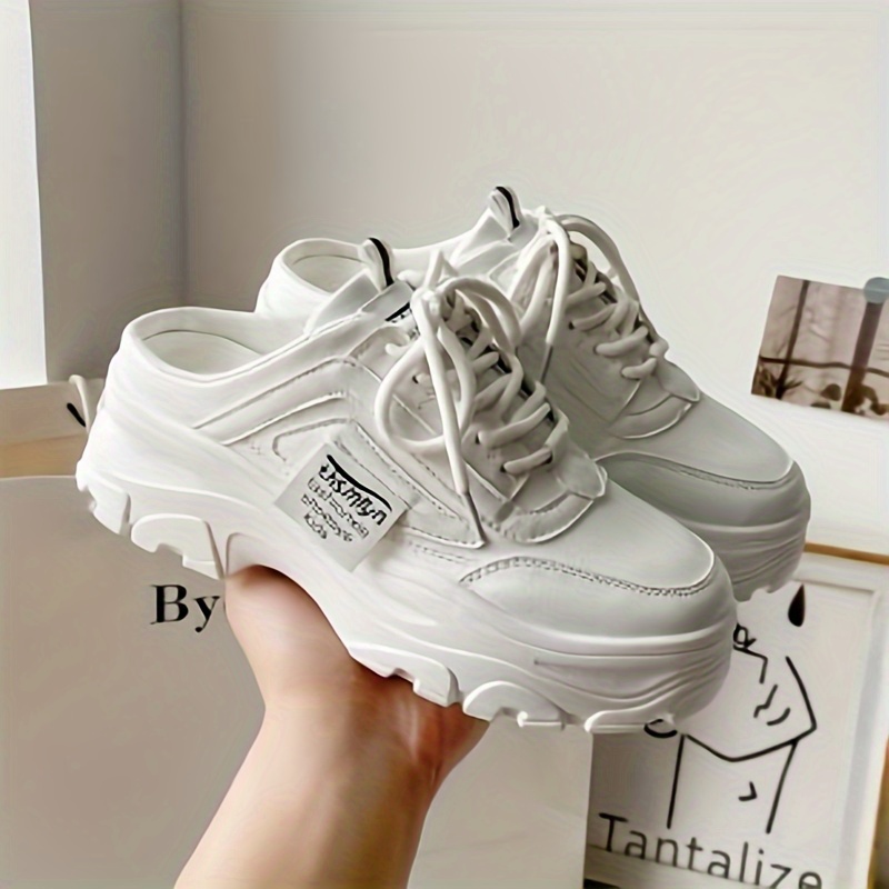 womens solid color casual sneakers slip on round toe half drag slides shoes platform comfy trendy lace up shoes details 5