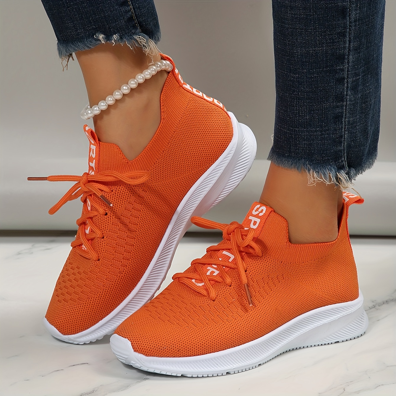 womens solid color knitted sneakers lace up breathable casual low top shoes breathable round toe shoes details 1