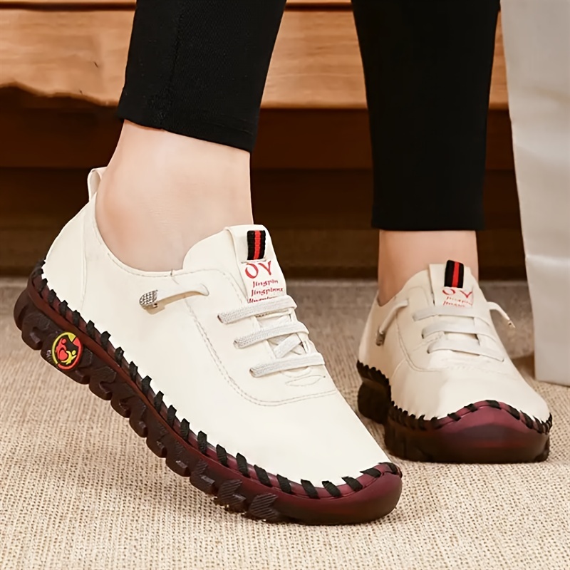 womens handmade flat sneakers solid color soft sole lace up non slip low top shoes casual faux leather shoes details 0