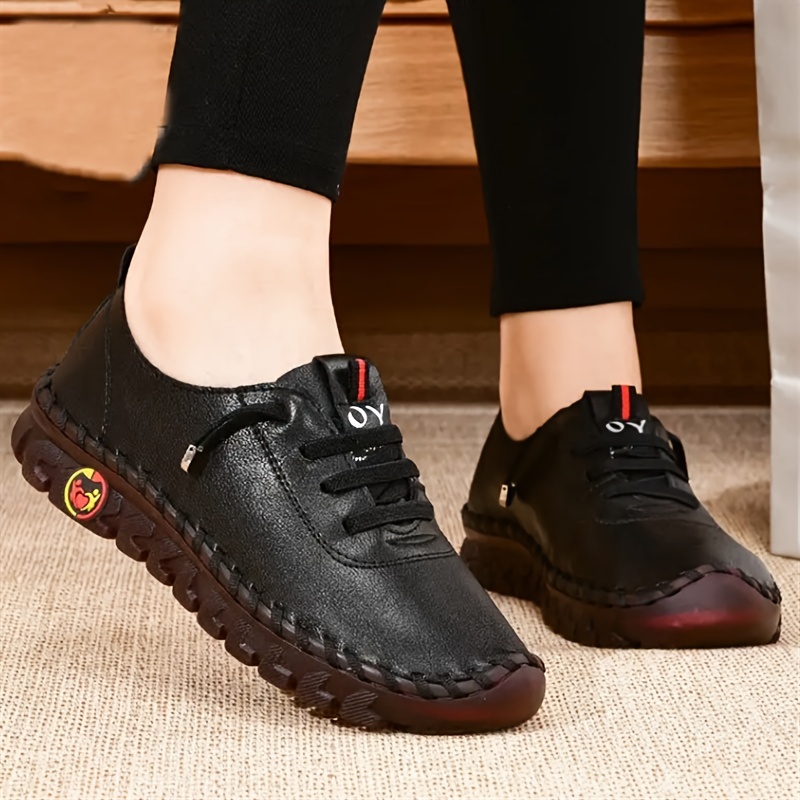 womens handmade flat sneakers solid color soft sole lace up non slip low top shoes casual faux leather shoes details 5