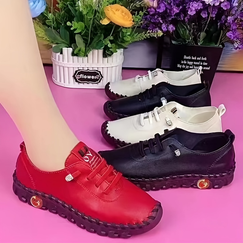 womens handmade flat sneakers solid color soft sole lace up non slip low top shoes casual faux leather shoes details 6