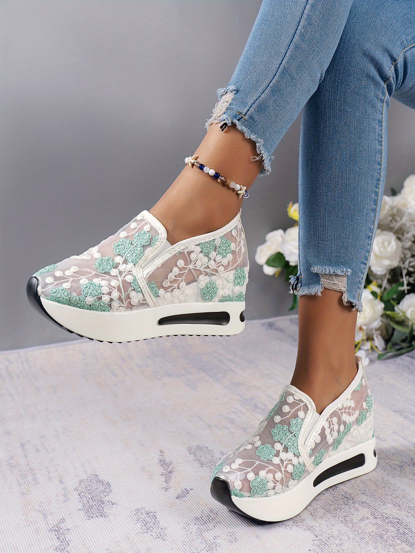 womens lace mesh sneakers fashion flower pattern platform sneakers womens anti skid slip on shoes details 0