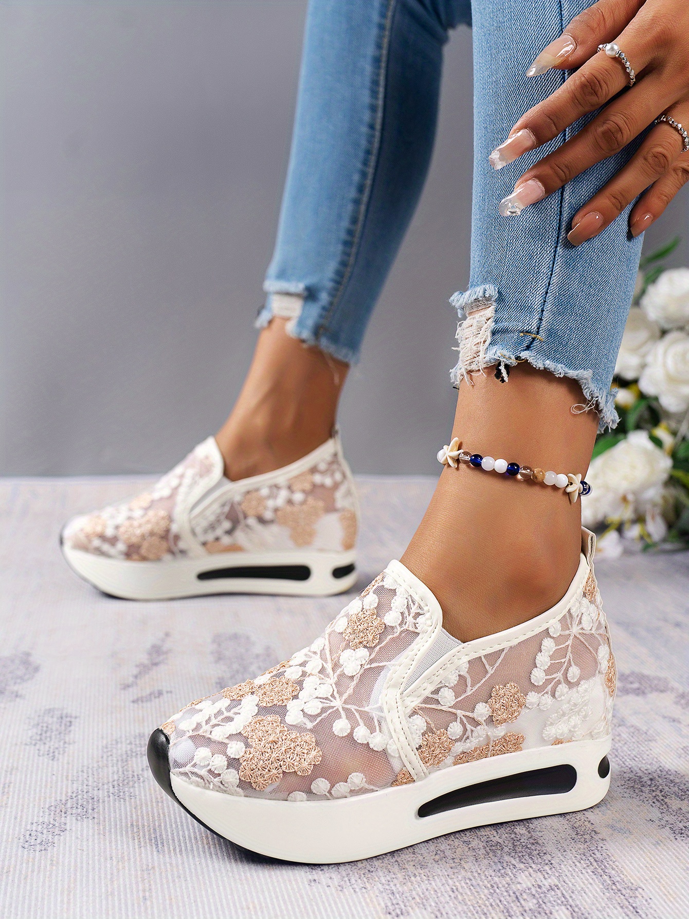 womens lace mesh sneakers fashion flower pattern platform sneakers womens anti skid slip on shoes details 8