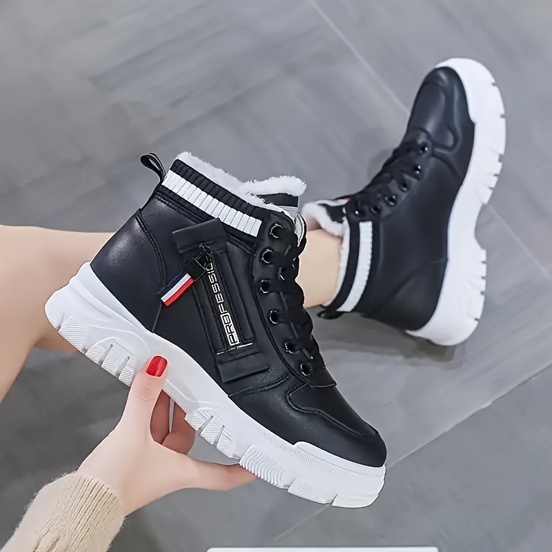 womens solid color winter boots lace up soft sole platform thermal lined shoes high top winter plush warm shoes details 0