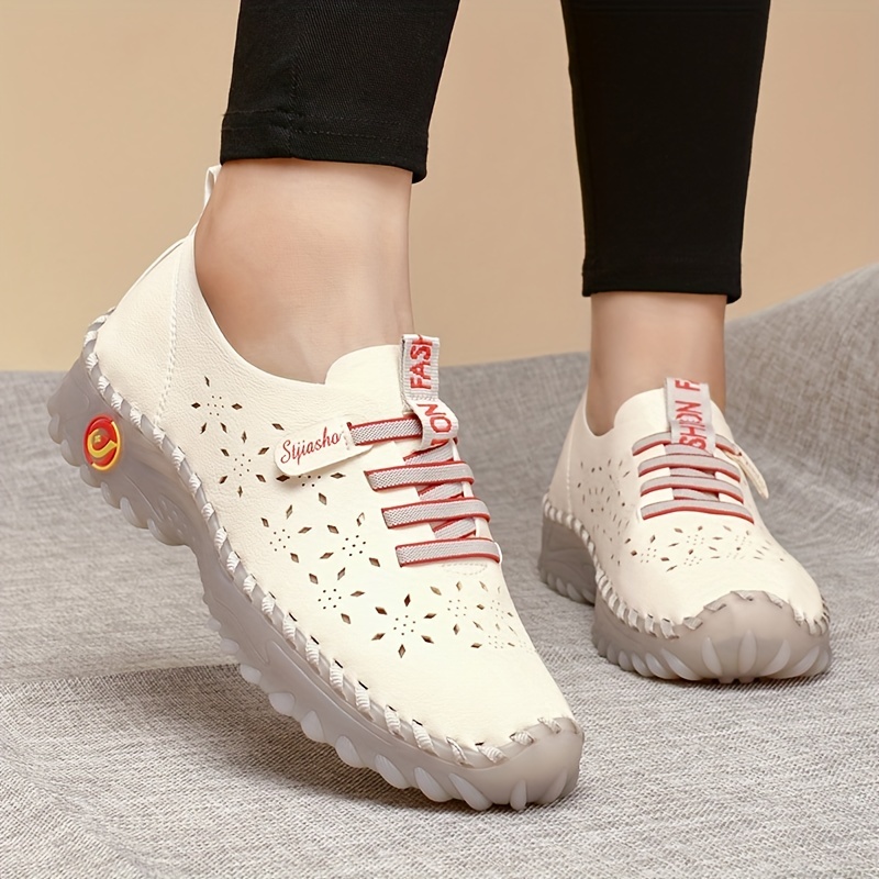 womens casual flat sneakers perforated breathable slip on low top trainers comfy soft sole walking shoes details 0