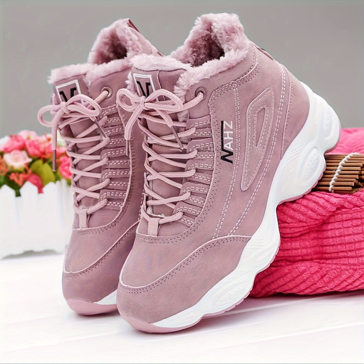 womens plush lined high top sneakers winter thermal lace up platform boots keep warm outdoor shoes details 0