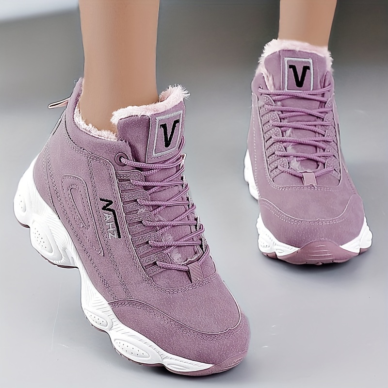 womens plush lined high top sneakers winter thermal lace up platform boots keep warm outdoor shoes details 6