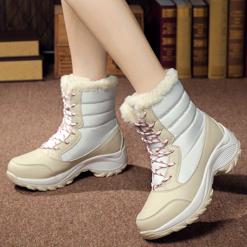 womens platform thermal lined boots lace up fuzzy warm non slip casual boots winter high top plush shoes details 1