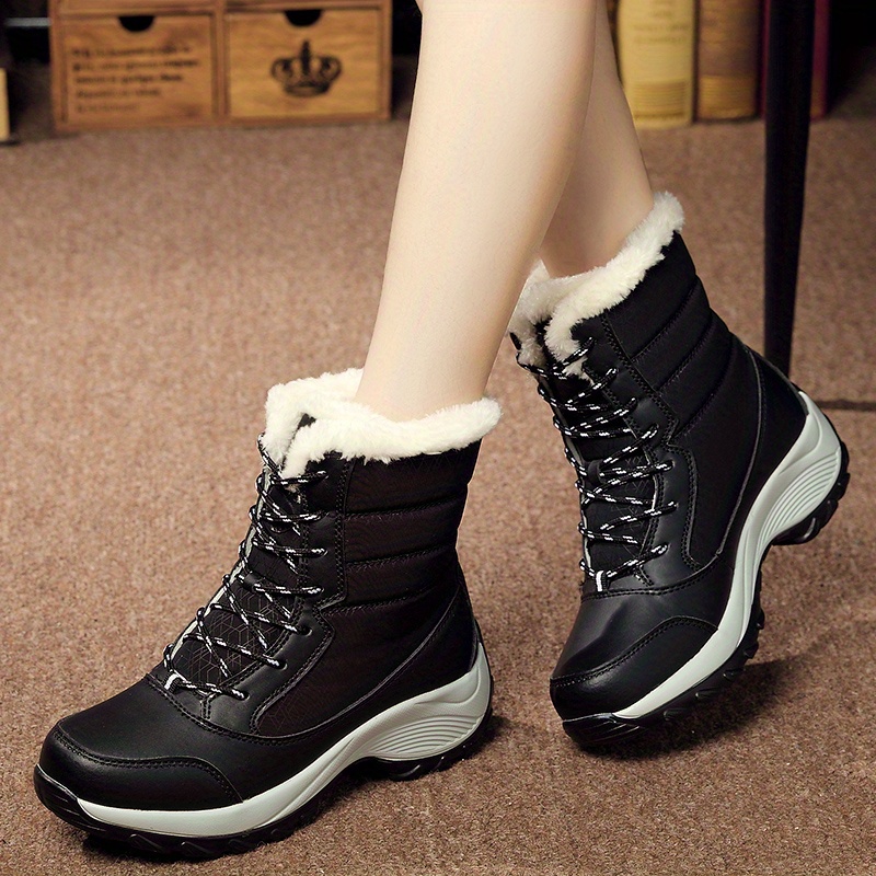 womens platform thermal lined boots lace up fuzzy warm non slip casual boots winter high top plush shoes details 2