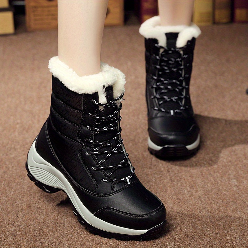 womens platform thermal lined boots lace up fuzzy warm non slip casual boots winter high top plush shoes details 3