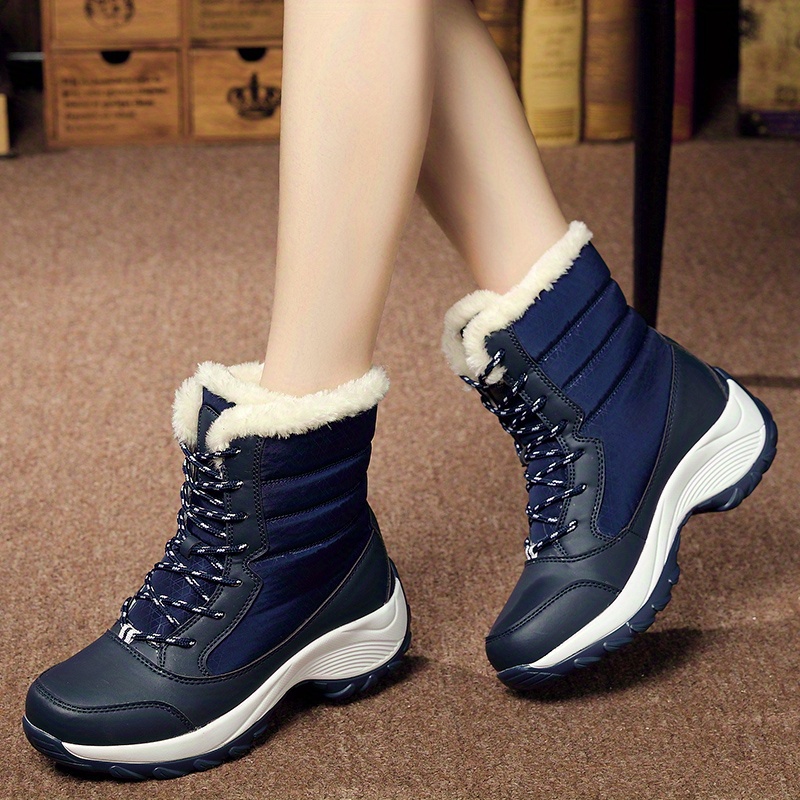 womens platform thermal lined boots lace up fuzzy warm non slip casual boots winter high top plush shoes details 4