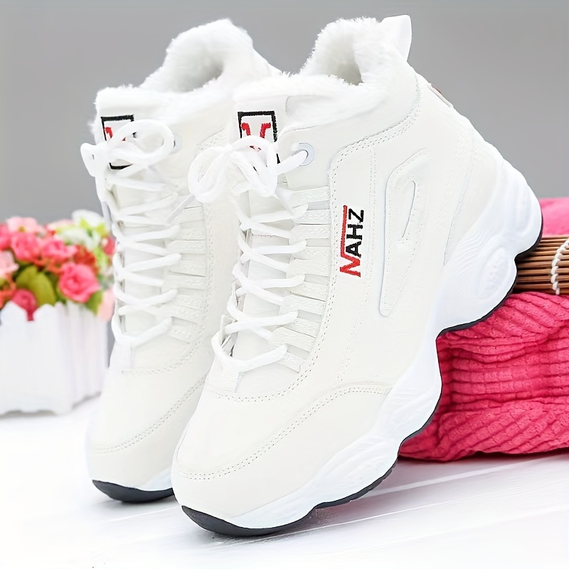 womens plush lined sneakers solid color lace up high top trainers winter warm platform shoes details 2