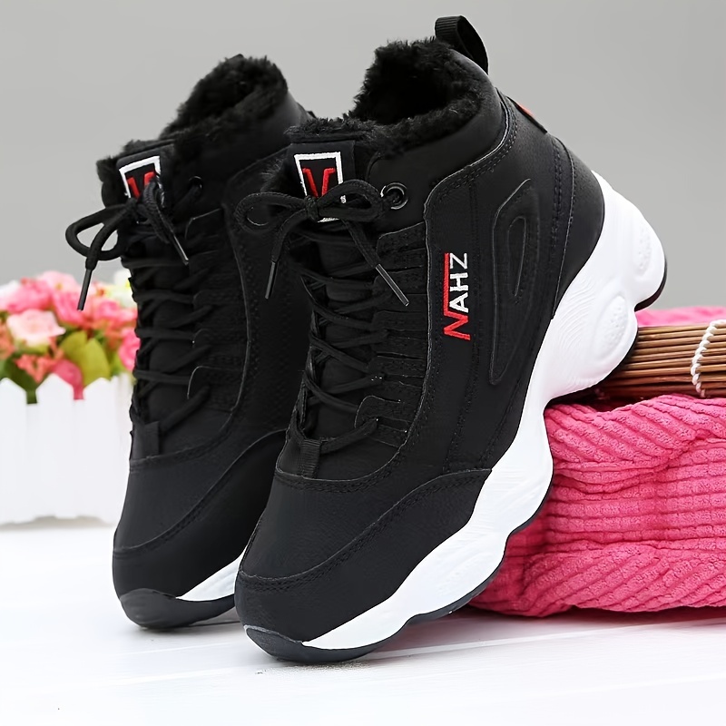 womens plush lined sneakers solid color lace up high top trainers winter warm platform shoes details 4