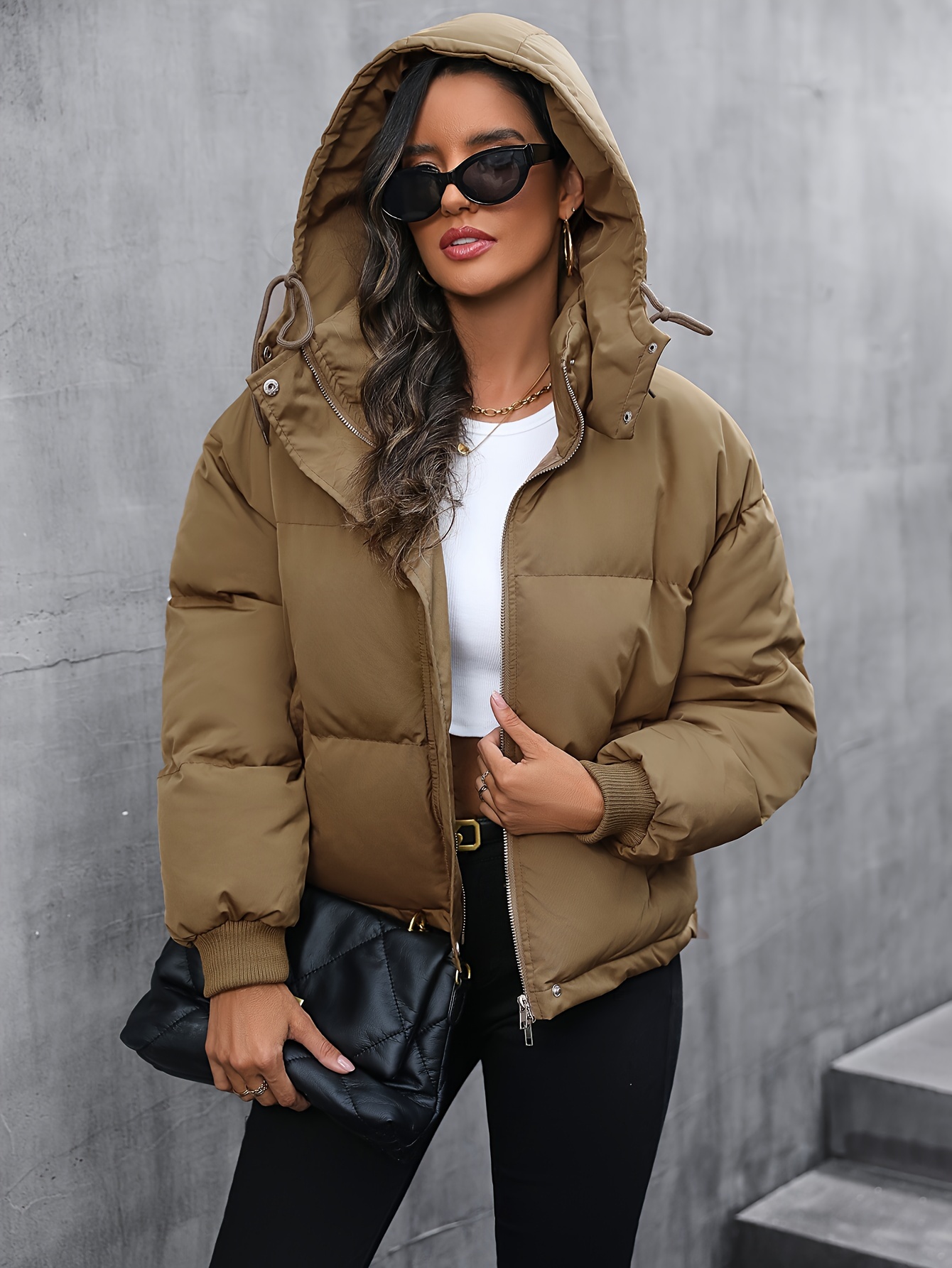 solid zipper hooded coat casual solid long sleeve winter warm outerwear womens clothing details 2