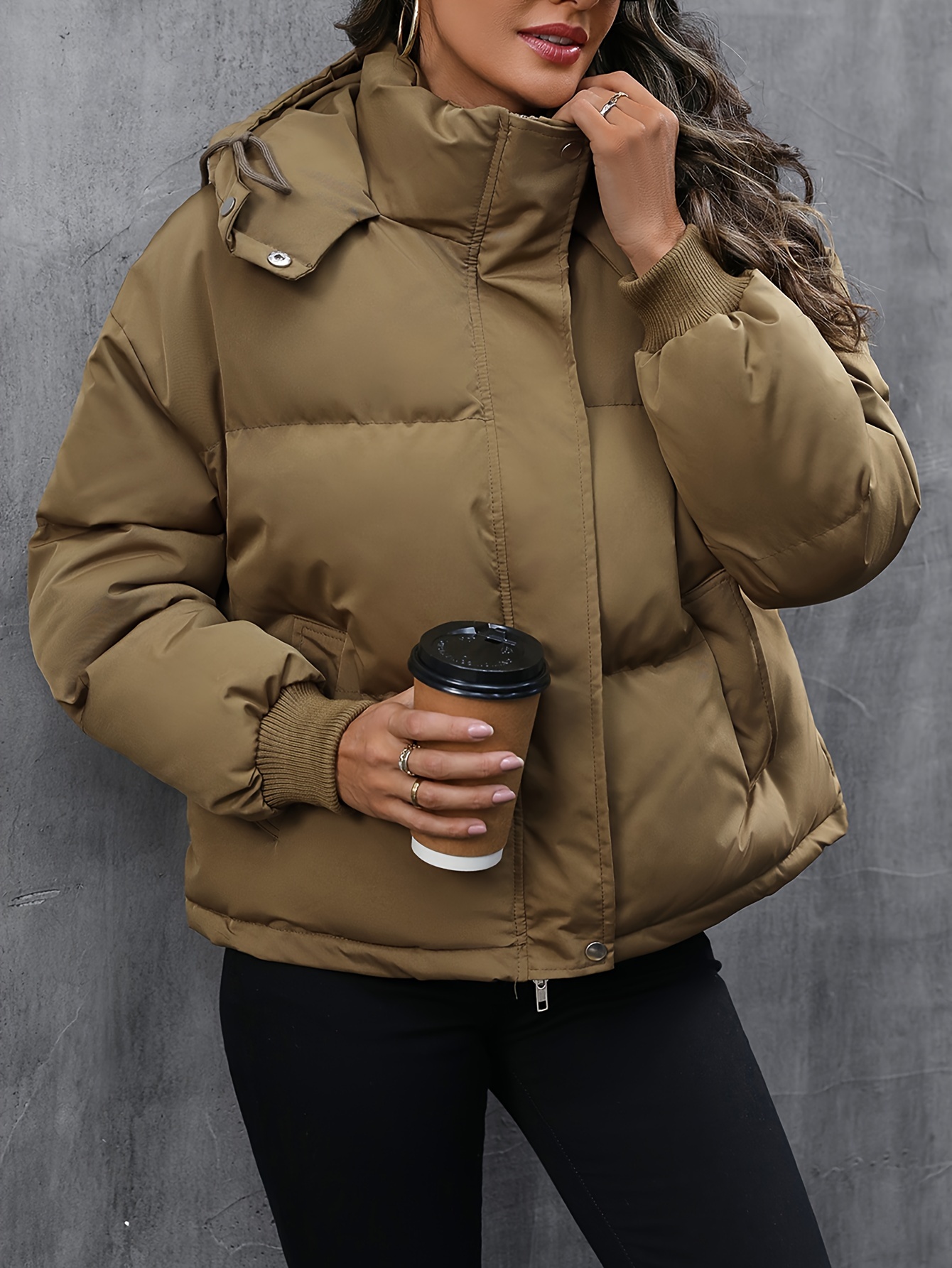 solid zipper hooded coat casual solid long sleeve winter warm outerwear womens clothing details 4