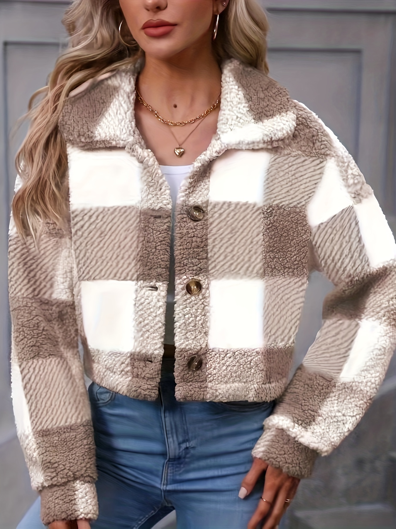 plaid teddy coat casual button front long sleeve winter warm outerwear womens clothing details 10