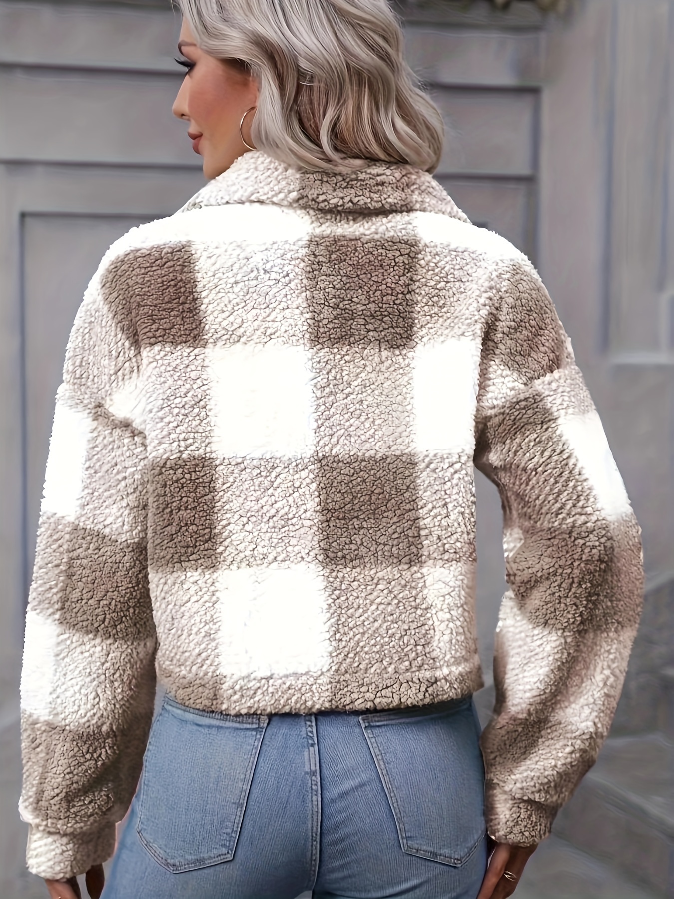 plaid teddy coat casual button front long sleeve winter warm outerwear womens clothing details 11