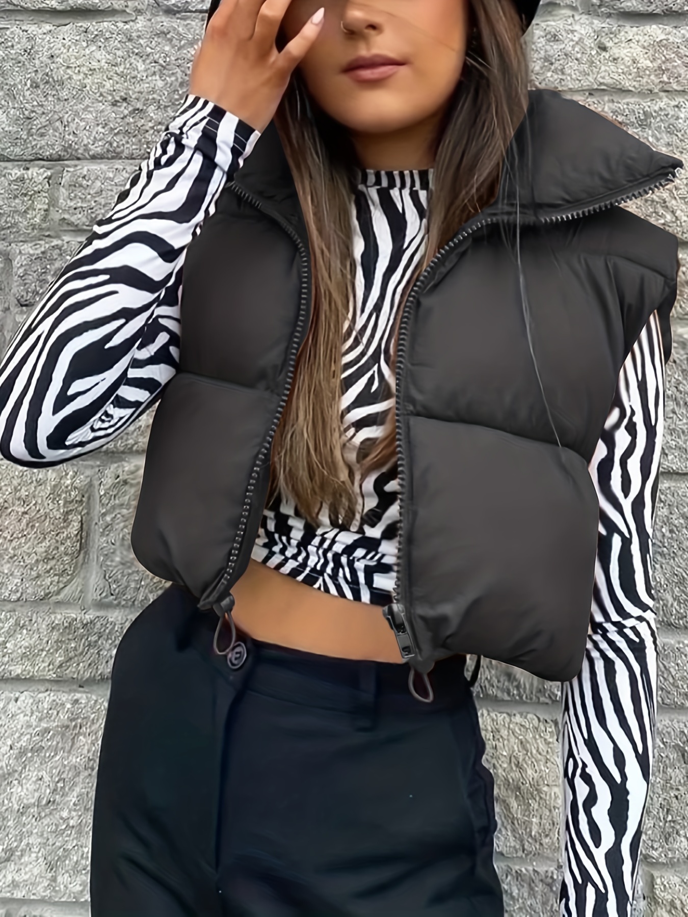 zip up sleeveless puffy jacket casual turtle neck jacket for fall winter womens clothing details 6