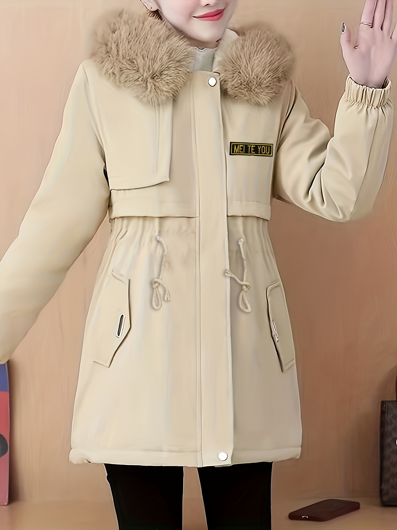 fluffy trim zip up coat casual solid long sleeve winter outerwear womens clothing details 2